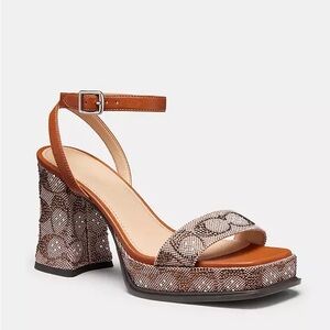 Coach Brown Crystal Jacquard Platform Block Heel